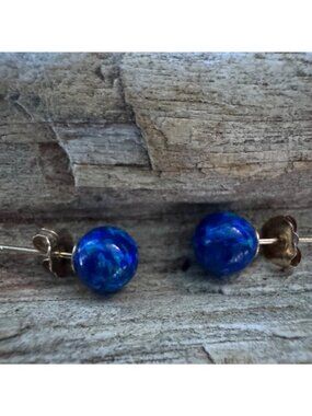 14k Gold Blue Opal Stud Earrings Round Cabochon Post Back Fine Jewelry 6mm